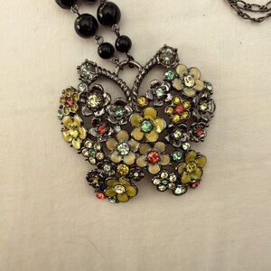 Anna Sui Vintage Yellow and Green Butterfly Necklace with Intricate Gemstones